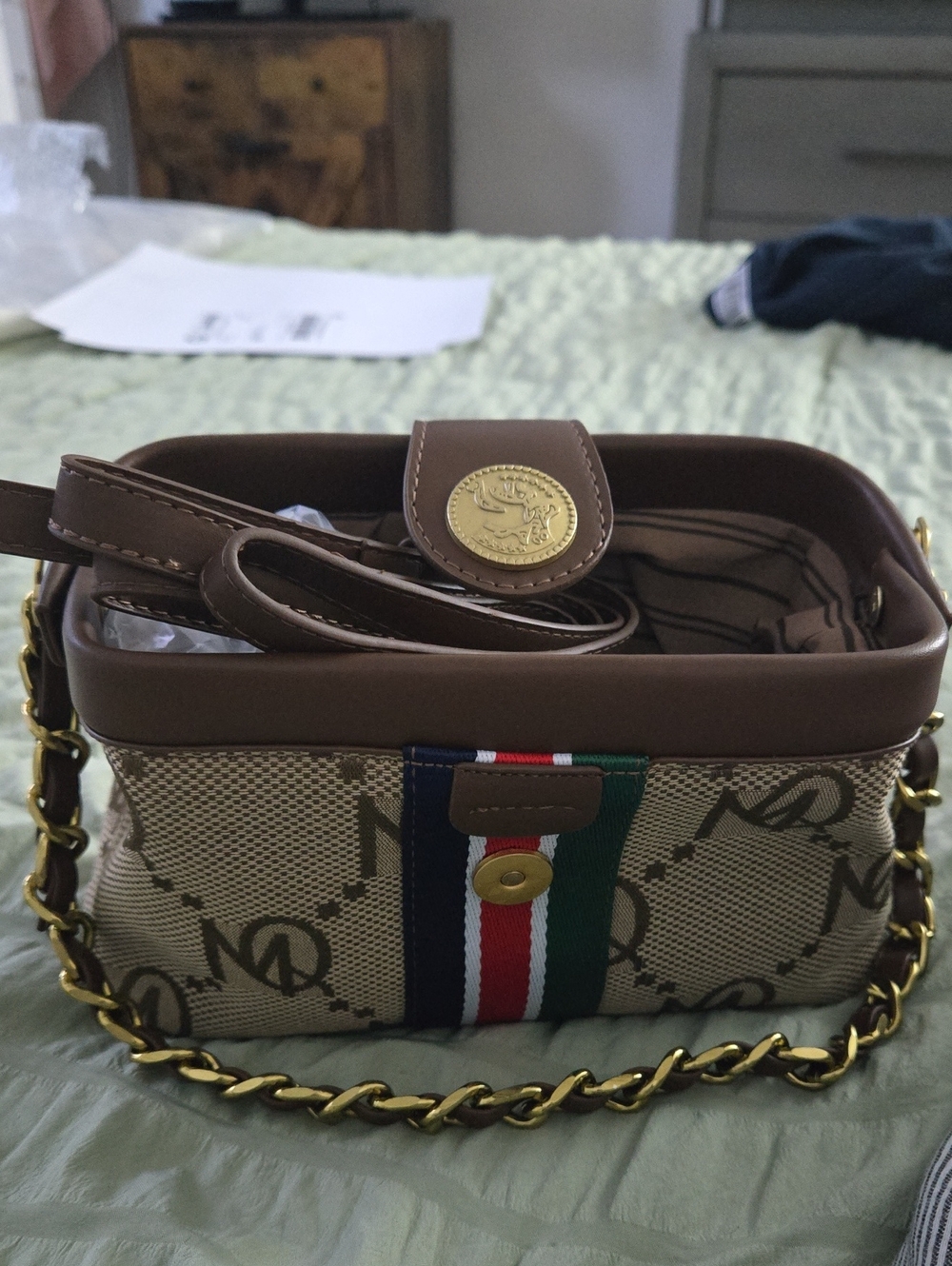 Brown Logo-Print Crossbody Bag with Gold Chain
